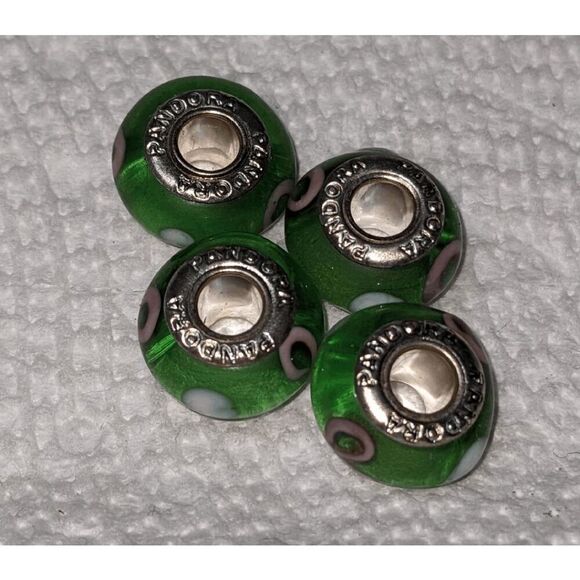 NEW SET OF 4 PANDORA MURANO BEAD - TRANSPARENT GREEN W/WHITE DOTS & PINK BREAST - Picture 3 of 3